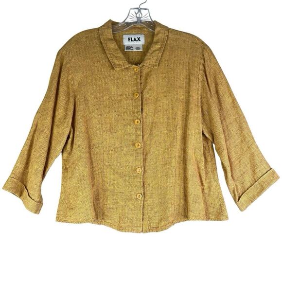 Flax Shirt Linen Button Up Women’s Size Small Yellow Lagenlook Long Sleeve - Picture 2 of 7